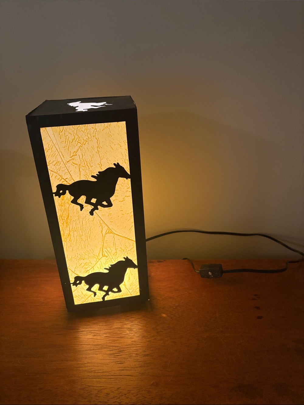 Horse Silhouette Lantern Table Lamp in Black with Warm Yellow Glow